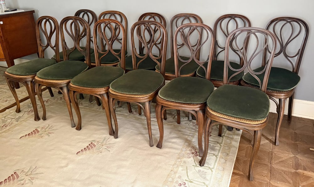 Antique Bentwood Chairs, Jacob & Josef Kohn, Vienna: Antique Austrian bentwood chairs, set of (12), labeled Jacob & Josef Kohn, Wien, 37" H x 15" x 21". Provenance: Mitchell-Armour Estate.