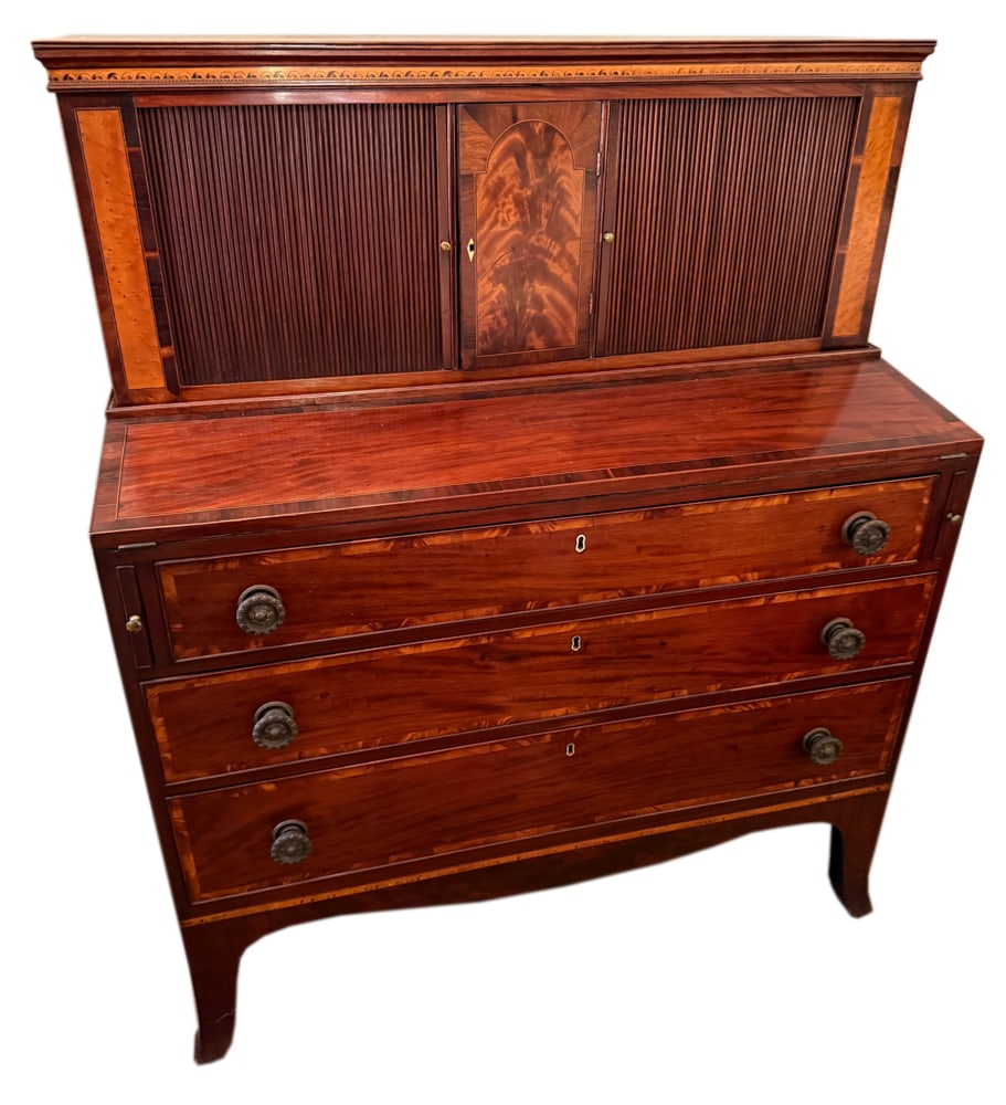 19thC Sheraton Tambour Desk Attributed to Thomas Seymour: 19th century Sheraton mahogany tambour desk attributed to Thomas Seymour, 50" H x 41" W x 21" D. Provenance: Mitchell-Armour Estate.