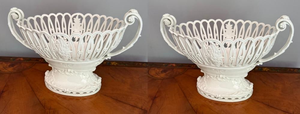 Pair of Meissen Creamware Baskets: Pair of Meissen creamware baskets, 7" H x 12" W x 7" D. Provenance: Mitchell-Armour Estate.