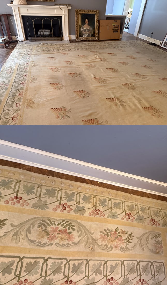 French Aubusson Rugs: French Aubusson rug, 14' 4" x 19'. With 18' x 15' rug (some moth damage on one end) that could be cut down and used in combination with the other rug.