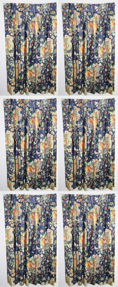 Three Pairs of Blue Chintz Drapes: Three pairs of blue chintz drapes, including: one pair 86" x 73"; one pair 48" x 61"; one pair 41" x 41". Provenance: Mitchell-Armour Estate.