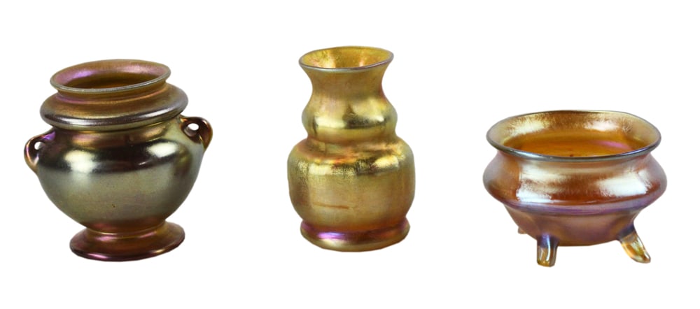 Tiffany Favrile LCT Salt Dish, Two Vases: Tiffany Favrile LCT salt dish, 1 1/2" x 2", vase #5960 D, 2 1/2" x 1 1/2", and vase 5207 #4, 2 1/2" x 2 1/4". Lot of (3).