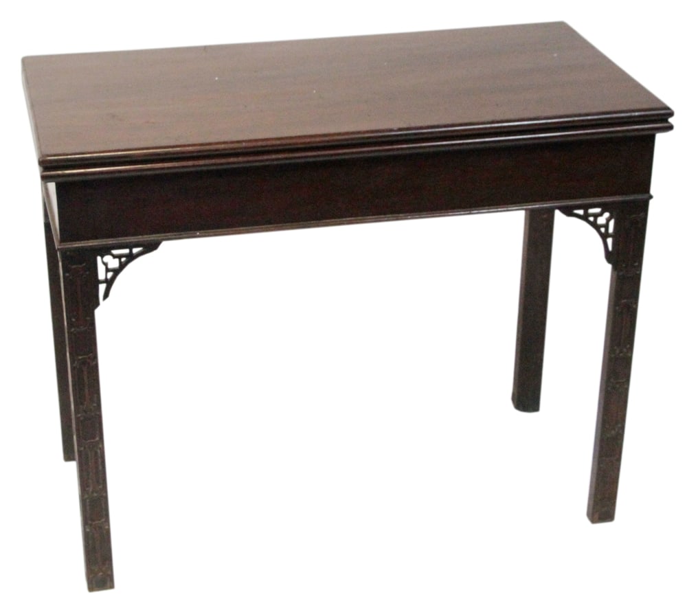 18thC Chippendale Mahogany Card Table: 18th century Chippendale mahogany card table, 29" x 36" x 17".