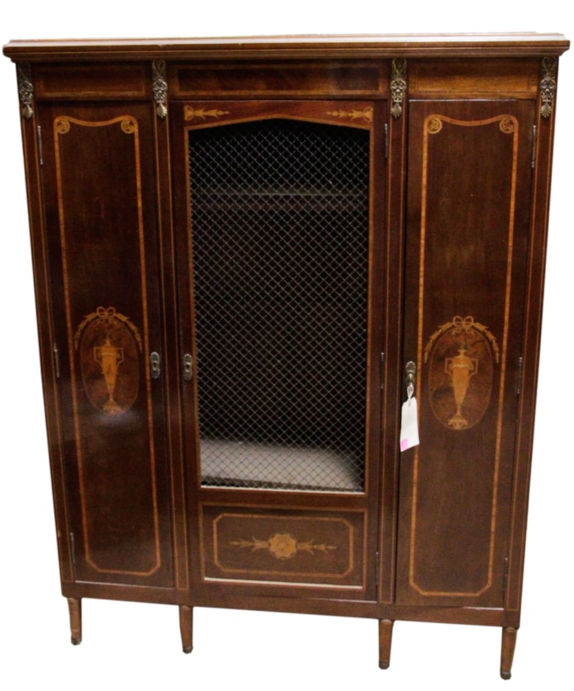 French Louis XVI Style Inlaid Mahogany Bookcase: French Louis XVI style mahogany bookcase having fine inlay, 64" H x 48" W x 14" D.