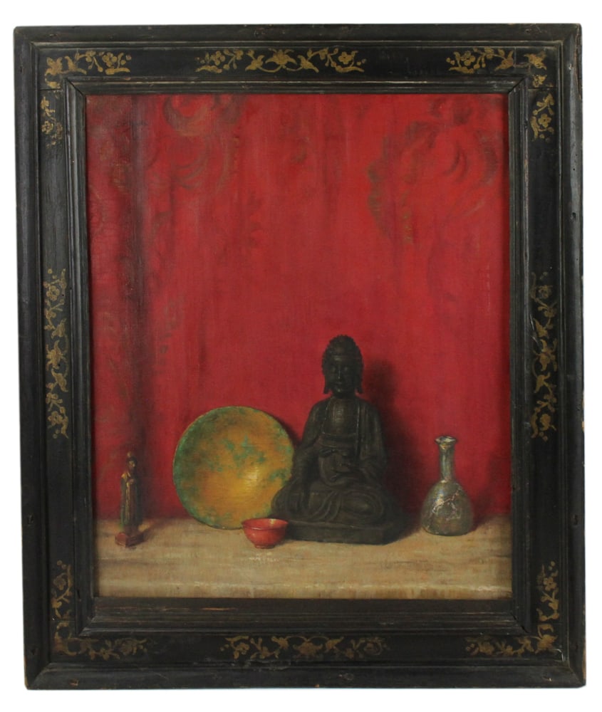 Elizabeth P. Barth, Still Life Buddha and Dish, Oil on Canvas: E. P. Barth, still life Buddha and dish, oil on canvas, signed, 23" x 19", in 18th century frame 30" x 25".
