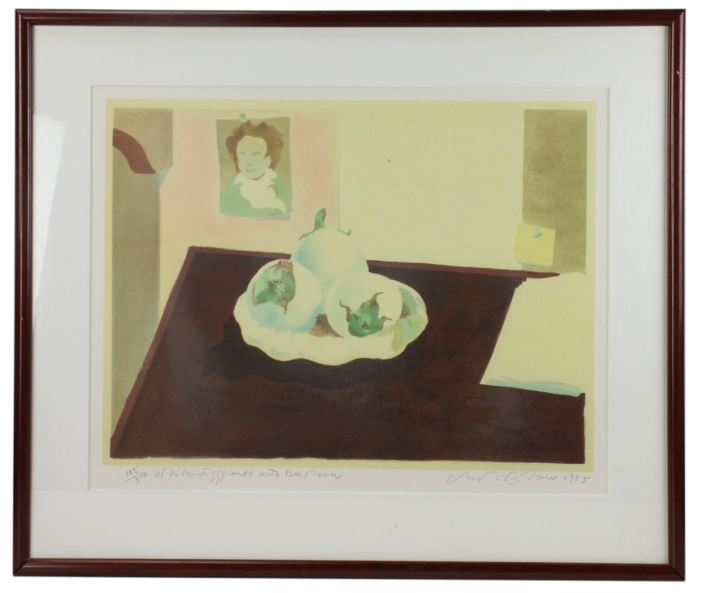 Milton Glaser, "White Eggplants and Beethoven": Milton Glaser (1929-2020), "White Eggplants and Beethoven", serigraph, signed and dated 1985 L/R, edition 185/300, with artist's note verso, 21" x 27", framed 28" x 32".