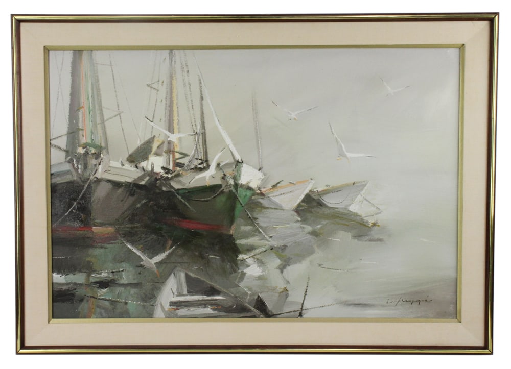 Charles C. Gruppe, Wharf in Fog, Oil on Masonite: Charles C. Gruppe (1928-2019), wharf in fog, oil on Masonite, signed L/R, circa 1970, 25" x 37", framed 30" x 41".