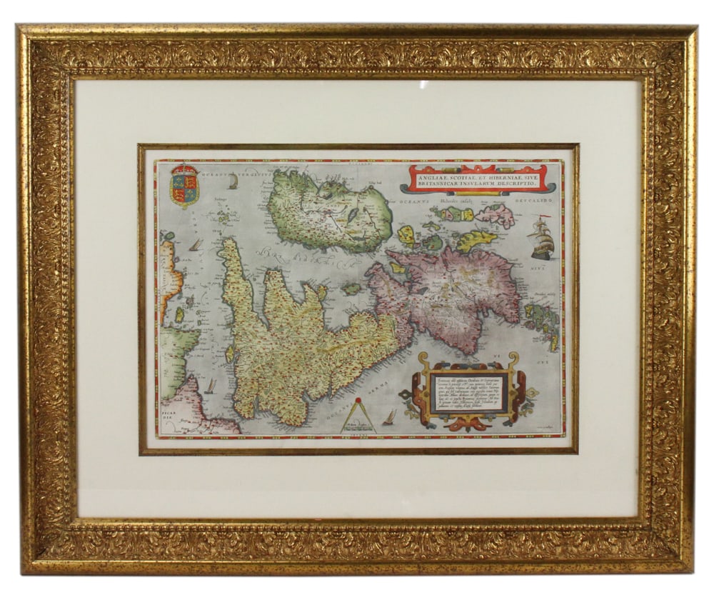 18thC Hand-Colored Map of The British Isles: 18th century hand-colored map of Angliae Scotiae, et Hiberniaie, sive Britannicar Insularum Descriptio, (England, Scotland and Ireland, otherwise known as the British Isles), 15" x 21", framed 27" x 3