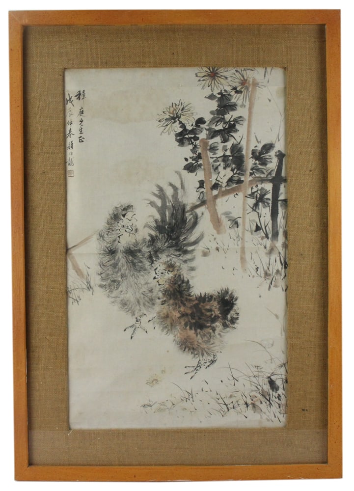 Old Chinese Hand-Painted Scroll, Chickens and Flowers: Old Chinese hand-painted scroll, chickens and flowers, 28" x 16 1/2", framed 36" x 25".