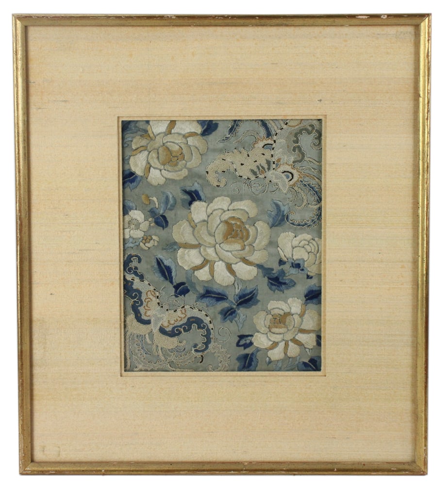 19thC Chinese Embroidery: 19th century Chinese embroidery, 11" x 8", framed 22" x 17".