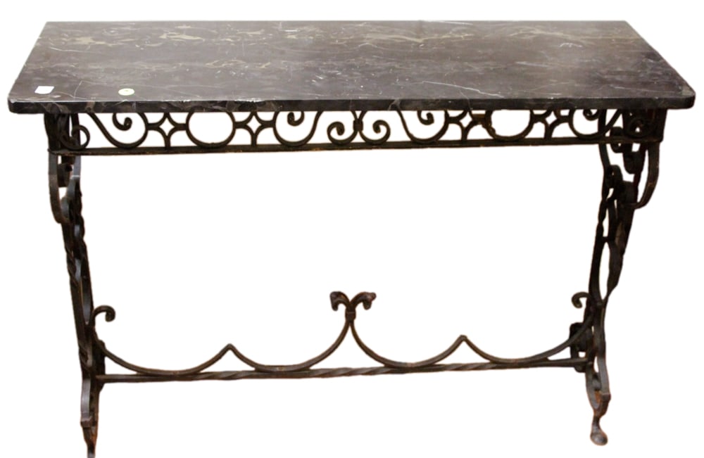 1920s Wrought Iron Marble-Top Long Foyer Table: 1920s wrought iron long foyer table having black marble top, 34" H x 46" W x 16" D.