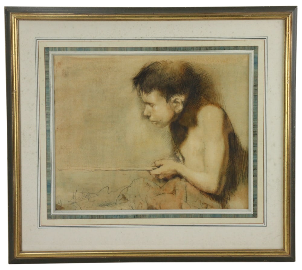 Conger A. Metcalf, Young Boy with Stick: Conger A. Metcalf (American, 1914-1998), young boy with stick, oil wash and graphite on paper, circa 1960, 14" x 17", framed 21 1/2" x 24".