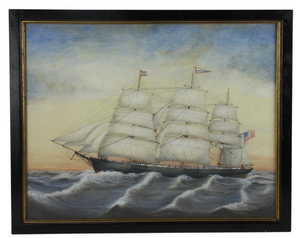 H. W. Chaloner, Portrait of Ship Forest Queen: H. W. Chaloner, portrait of the clipper ship Forest Queen, pastel watercolor, framed 24" x 31".