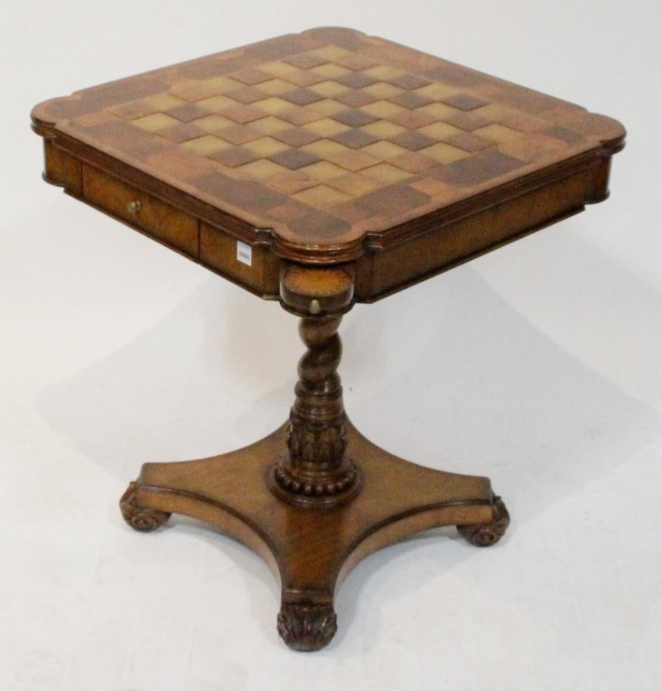 Fine Inlaid Card Table, Chess Pieces: Fine inlaid card table, 28" H x 25" W. Includes chess pieces.