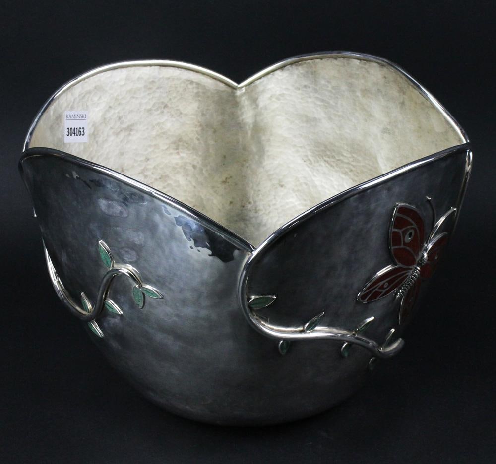 Emilio Castillo Mexican Enameled Silverplate Bowl: Emilio Castillo, Mexican enameled silverplate bowl, signed on bottom, 9 1/2" x 13".