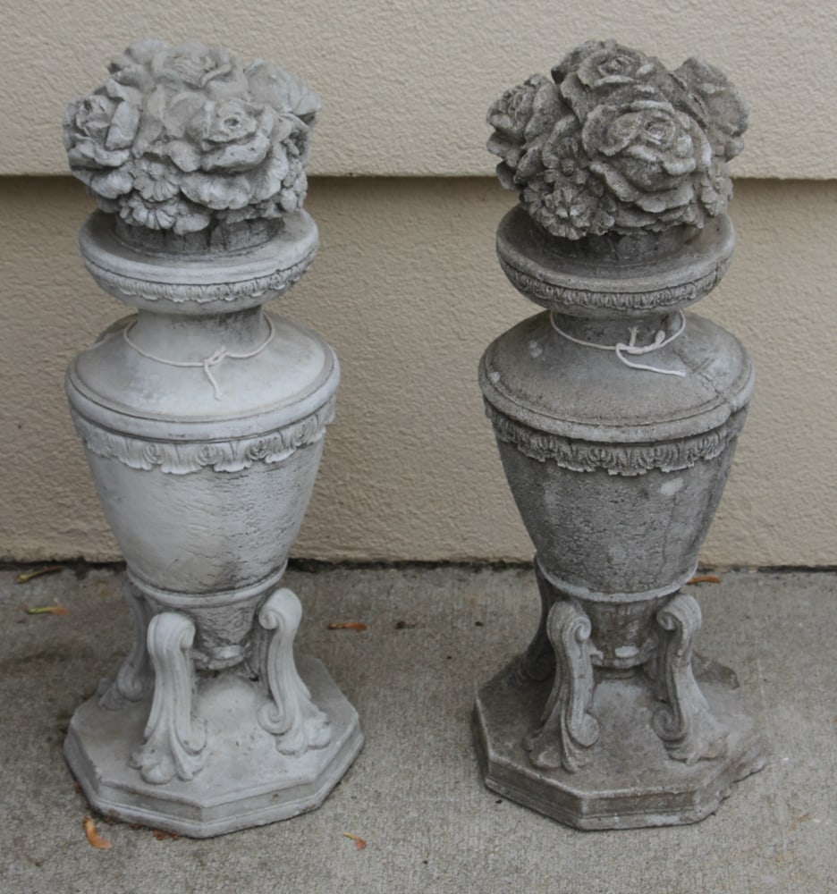 Pair of Stone Rose Finials: Pair of stone rose finials, 25" x 10".