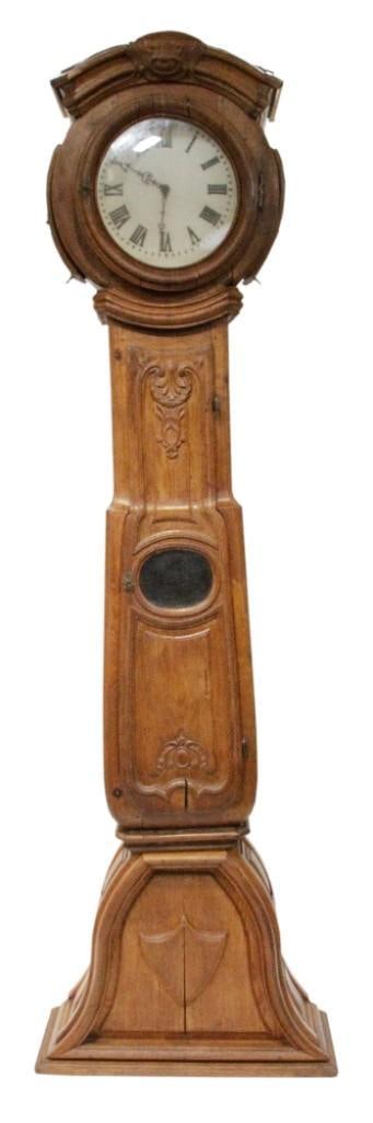 19thC Scandinavian Oak Grandfather Clock: 19th century Scandinavian oak grandfather clock, with weights and pendulum, 106" H x 31" x 13".