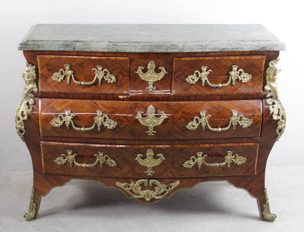 Louis XV Style Marquetry Chest with Marble Top: Louis XV-style marquetry chest having bronze ormolu mounts and green marble top, 35" H x 48" W x 18" D.