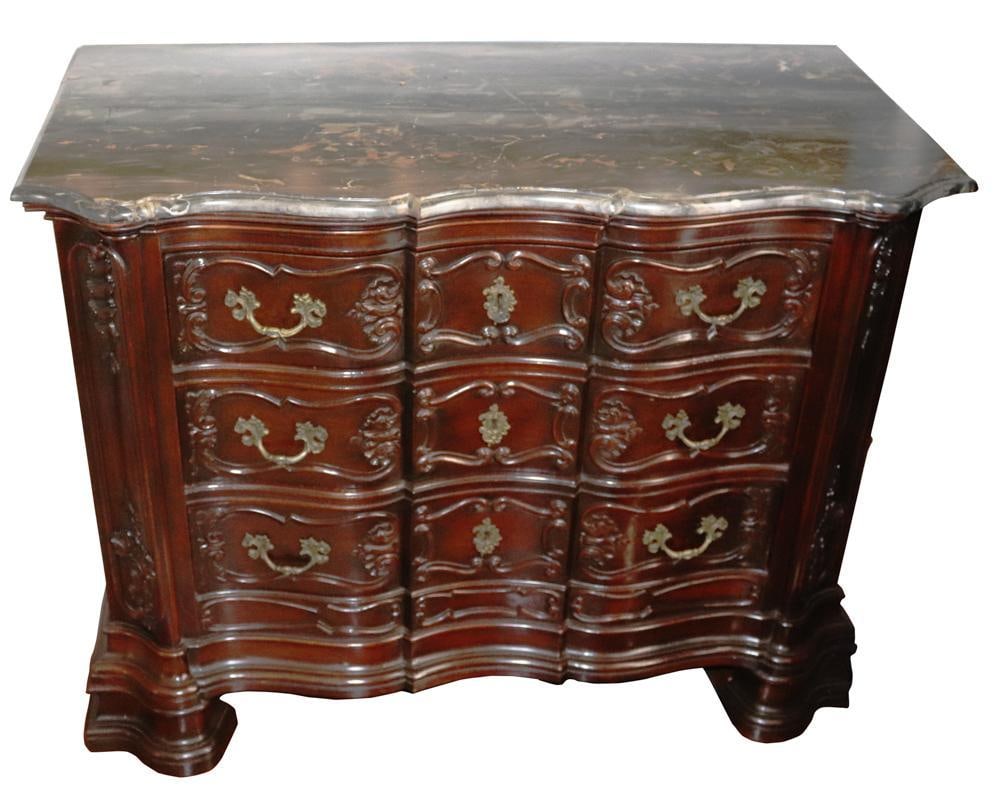 19thC Dutch Carved Mahogany Marble-Top Chest: 19th century Dutch carved mahogany 3-drawer chest having a black and white marble beveled edge top, 34" H x 44" W x 22" D.