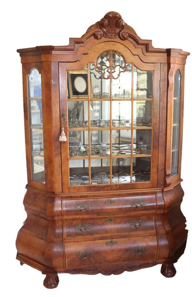 Dutch Burlwood Curio Cabinet: Dutch burlwood curio cabinet with drawers, 80" H x 62" W x 17" D.