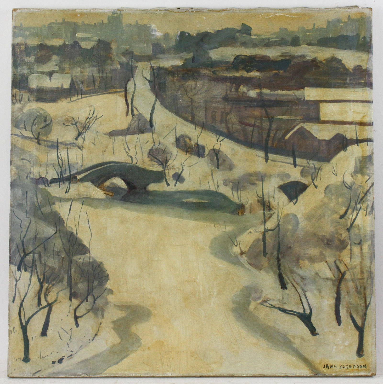 Jane Peterson, Winter Scene, Oil on Canvas: Jane Peterson (American artist, 1876-1965), "Winter in Central Park, New York", oil on canvas, 24" x 24". In original condition.