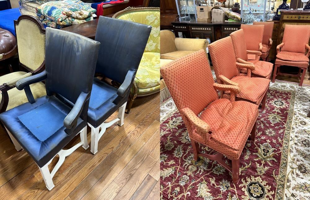 Jay Spectre Dining Chairs, Set of (8): Jay Spectre dining chairs, (6) red and (2) white, set of (8) total. Provenance: Boynton Beach, Florida estate.