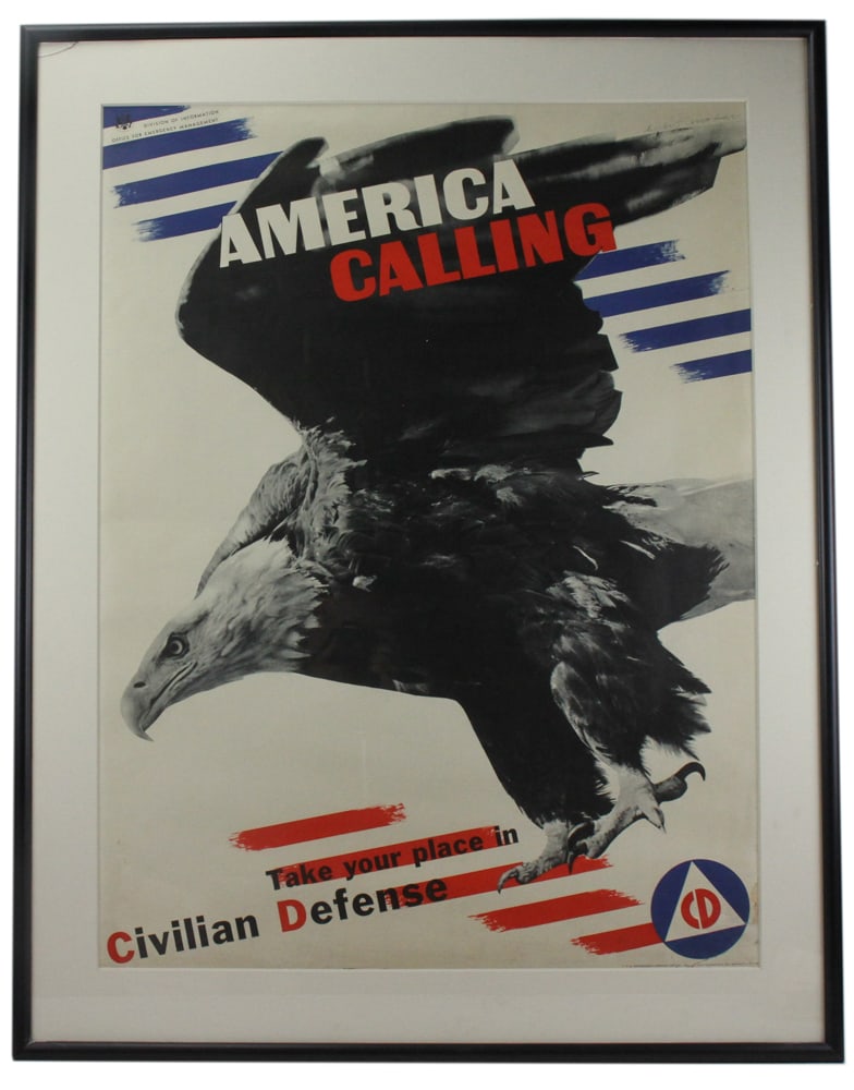1941 Civilian Defense Poster, "America Calling": 1941 Civilian Defense poster by Herbert Matter, "America Calling", 40" x 30", framed 48" x 37". Provenance: Peabody, Massachusetts collection.