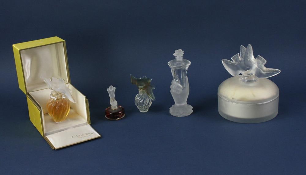 Lalique Perfume, with Other Glass: Lalique perfume, with other glass including Baccarat, Isadora, etc. Provenance: Palo Alto, California collection.