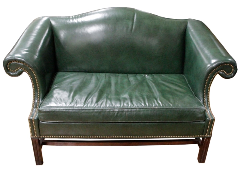 Custom English Green Leather 2-Seat Sofa: Custom English green leather 2-seat sofa, labeled Sherrill Furniture. Good condition. Provenance: Palm Beach, Florida estate.