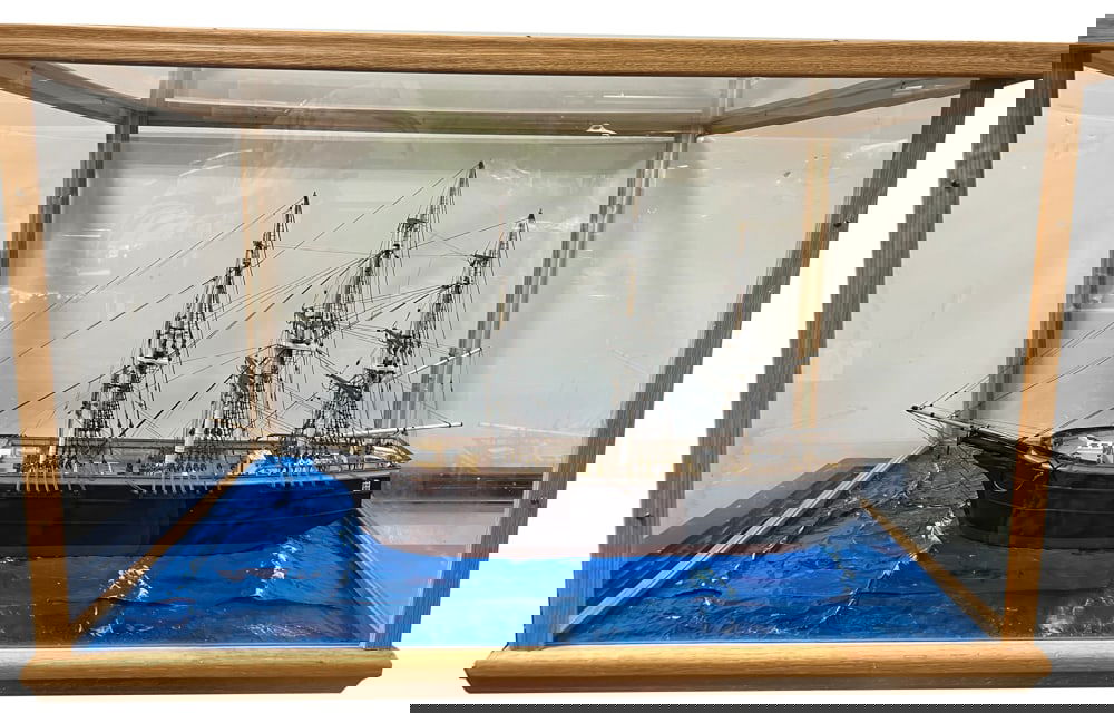 Cased Model of an American Frigate: Cased model of an American frigate, circa 1820, with case 18" H x 30" W x 23" D. Provenance: Newton, Massachusetts collection.