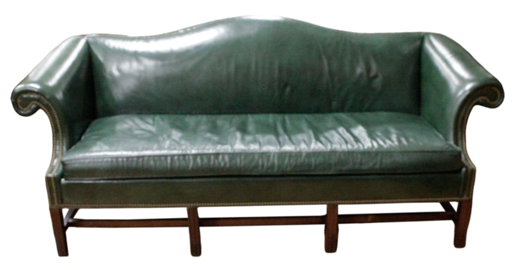 Custom English Green Leather 4-Seat Sofa: Custom English green leather 4-seat sofa, labeled Sherrill Furniture. Good condition. Provenance: Palm Beach, Florida estate.