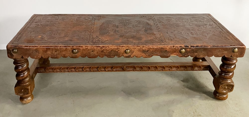 18thC Italian Walnut Bench with Tooled Leather (1 of 7)