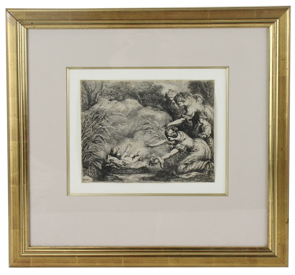 Bartolomeo Biscaino, The Finding of Moses: Bartolomeo Biscaino (Italian, 1632-1657), "The Finding of Moses", etching, approximately 7 1/4" x 9 1/4", framed 19 1/2" x 19". Provenance: Topsfield, Massachusetts collection.