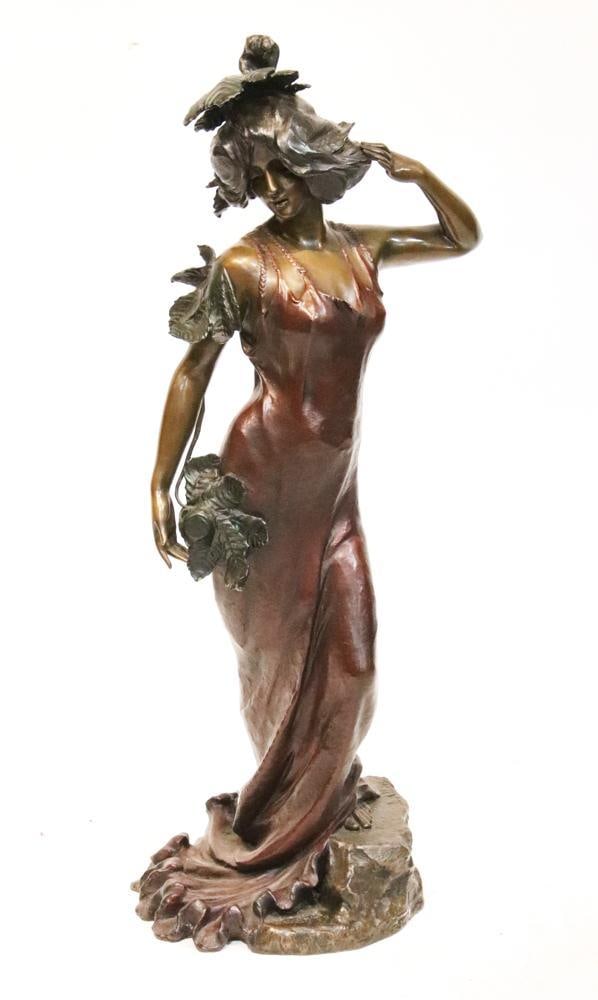 Lucien Alliot, Art Nouveau Bronze of Woman: Art Nouveau bronze of a woman, signed L. Alliot for Lucien Charles Edouard Alliot (French, 1877-1967), 37" H. Provenance: Southern Connecticut collection.