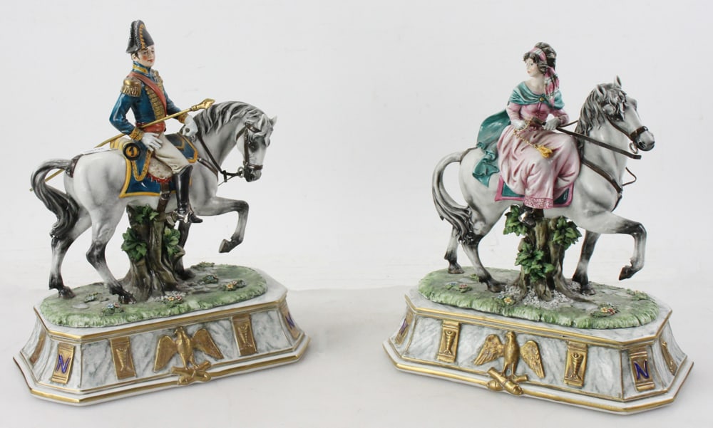 Capodimonte Porcelain Napoleon and Josephine: Capodimonte porcelain Napoleon and Josephine figurines on horseback, 14" x 11" x 7", lot of (2). Provenance: Chestnut Hill, Massachusetts collection.