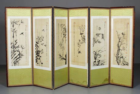 Six Panel Screen with Chinese Paintings: Six (6) paintings, China, 20th century, signed Jiang Yibo (1908-1985), offset lithographs on back of panels, framed on screen, 32" x 12 1/4", each screen size 35" x 108".