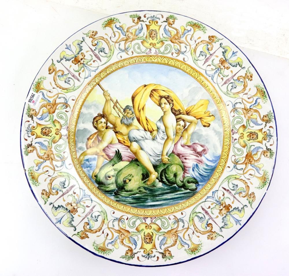 Old Italian Faience Majolica Charger: Old Italian faience majolica charger, 20" diameter. Provenance: Palm Beach, Florida.