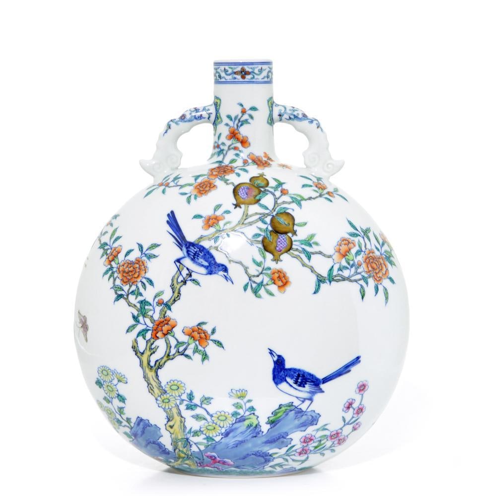 Very Rare Chinese Doucai Moon Flask Vase: Decorated with quails and magpies in bright enamels, Yongzheng mark on base. 13 3/4" H.