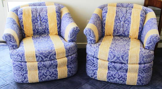 Two Armchairs in Blue and Yellow Fabric: Two armchairs upholstered in blue and yellow fabric, approximately 35" x 30" x 35"Provenance: Gloucester, Massachusetts estate.