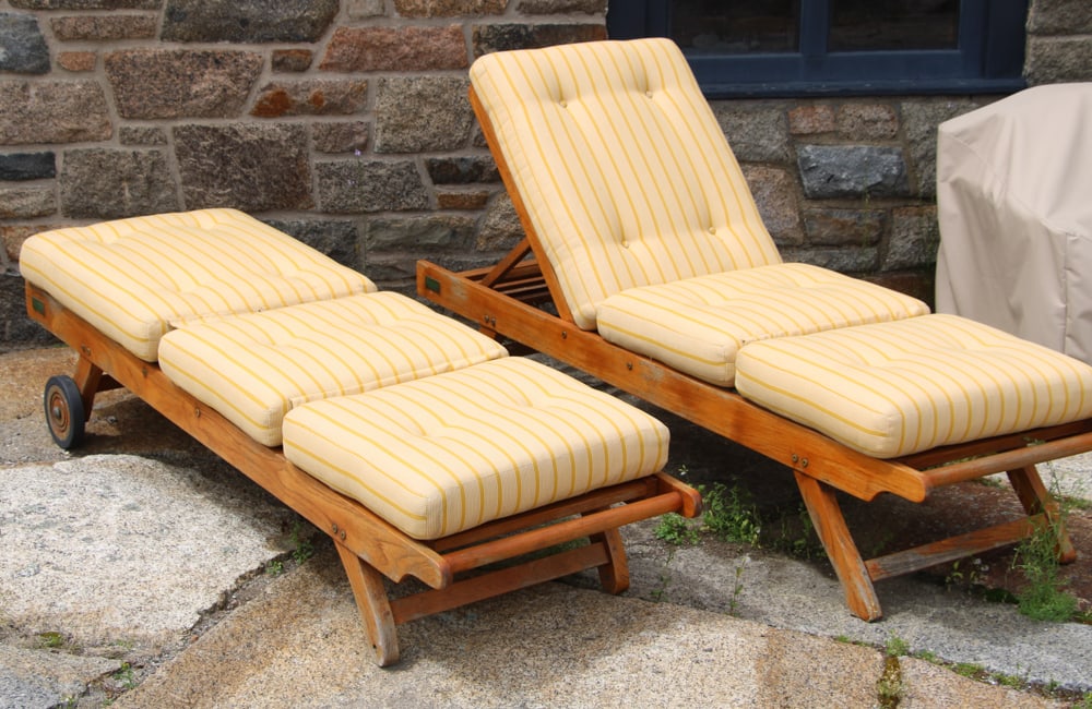 Two Rockwood "East Hampton" Teak Chaises with Cushions: Two Rockwood "East Hampton" teak chaises with cushions. Provenance: Gloucester, Massachusetts estate.