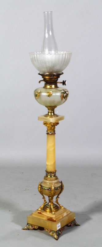 19th C. Bronze and Onyx Lamp: 19th century champleve, enameled, and ormolu bronze and onyx lamp with original etched glass shade, with chimney, 38" x 7 1/2".