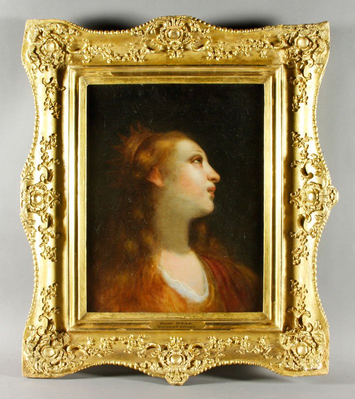 "Study Head", O/P: "Study Head", oil on panel, labeled "Gilbert Stuart" and titled on frame plaque, gilt frame, 18 3/4"h x 15"w (view), 28"h x 24"w (frame). Provenance: This painting was hanging in a western Massachuset