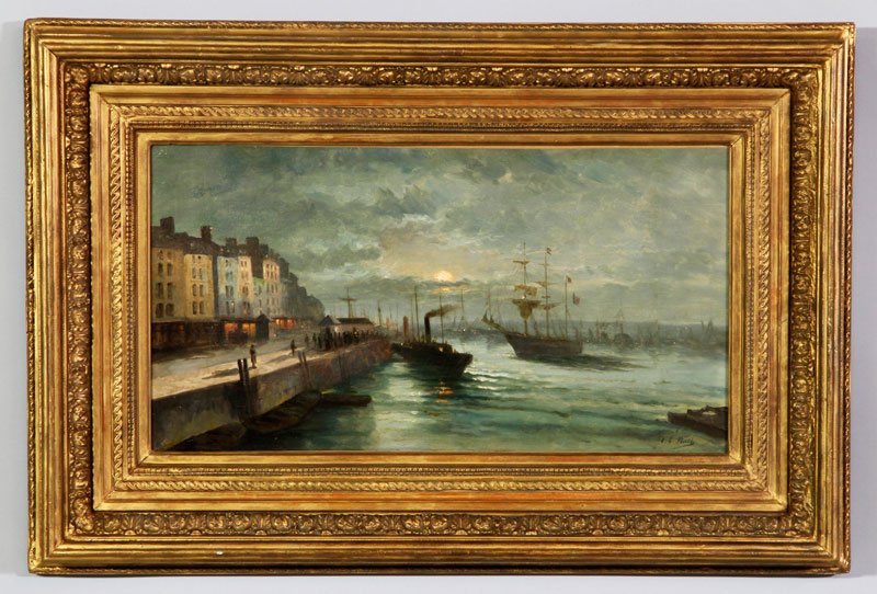 Moonlight on Port Scene, O/C: Moonlight on port scene, oil on canvas, signed Elie Anatole Pavil, 14"h x 25 3/4"w.