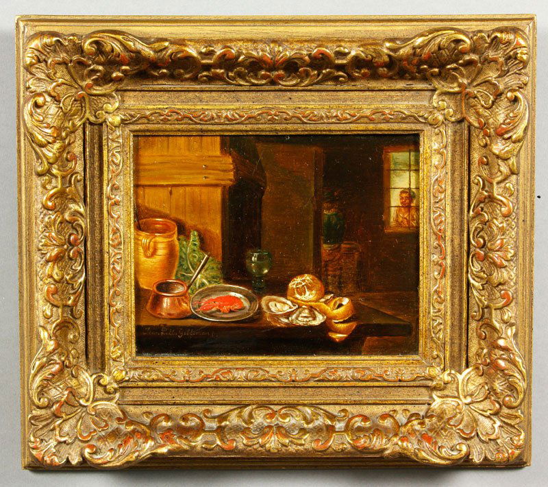 17th/18th C. Gillemans, Dutch School, Still Life, O/P: 17th/18th century, Dutch School, Jean Paul Gillemans (the elder) (Flemish 1618-1675), interior still life of lobster on a table, oil on panel, signed lower left, labeled verso, 4 3/4"h x 6"w (view), 9