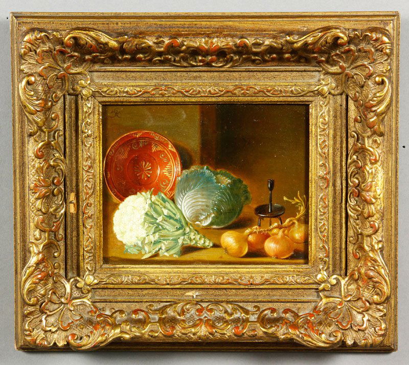 17th/18th C. Dutch School, Still Life, O/P: 17th/18th century, Dutch School, still life of cauliflower, cabbage, and onions next to a candlestick, oil on panel, monogrammed upper left, 4 1/2"h x 5 3/4"w (view), 9"h x 10"w (frame).