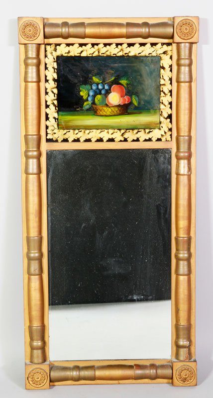 19th C. Sheraton Salem Mirror: 19th century, Sheraton Salem mirror with reverse painting on glass of fruit, 37"h x 17 1/2"w.