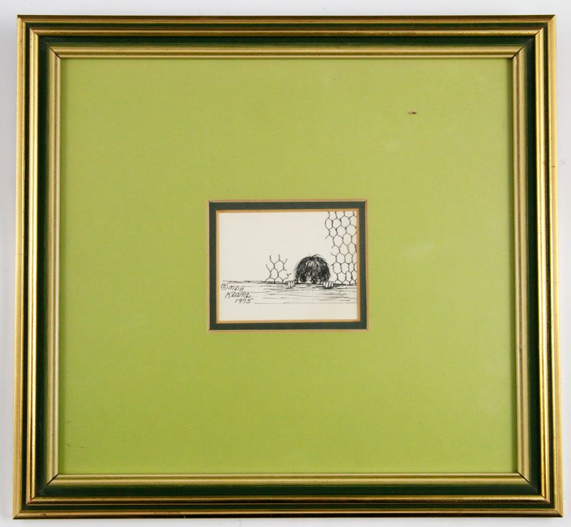 Keane, Small Boy, Drawing: Margaret Keane (American, b. 1927), small boy peeking over a wall with chicken wire, dated and signed 1975, 2 1/3" (image), 10 1/2" x 11 1/4" (frame).
