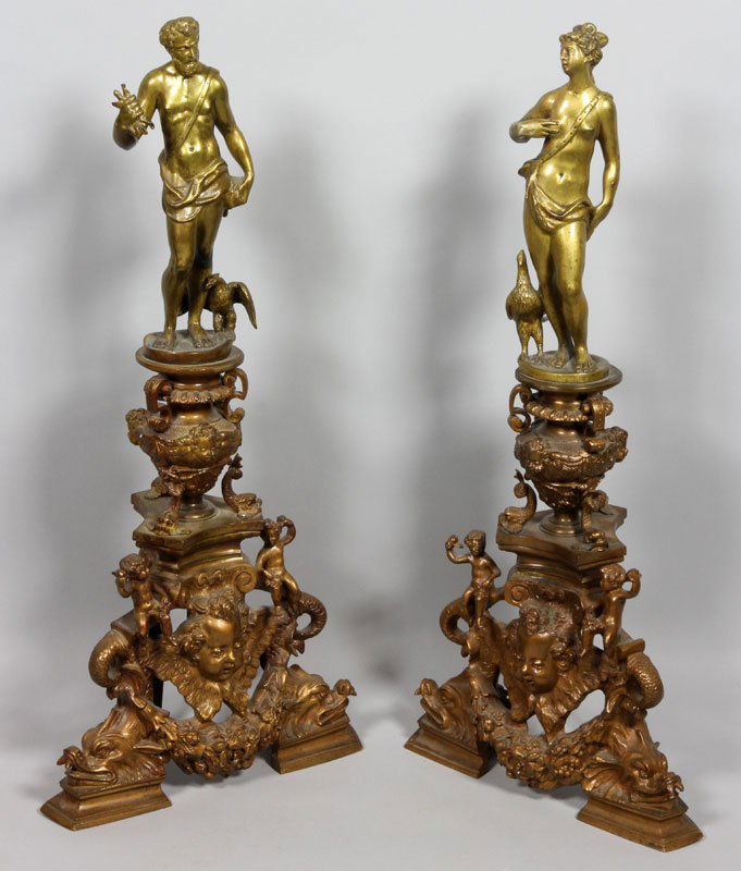 Pair of French Andirons: Pair of French andirons of Athena and Zeus, bronze, 31" x 13 1/2" x 6".