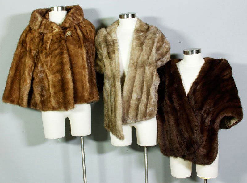 3 Fur Items: Lot of three fur items, to include one mink cropped jacket, approximate size 6; two mink stoles with pockets, approximate size 6-8.