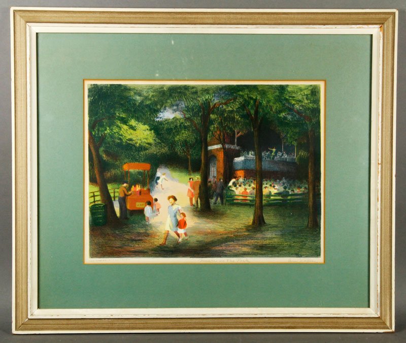 Nooney, "Music in the Park", Lithograph: Ann Nooney (American 1900-1970), "Music in the Park", hand colored lithograph, New York City WPA Art Project, signed lower right below the image, 10 1/2"h x 14"w (view), 20"h x 23"w (frame).